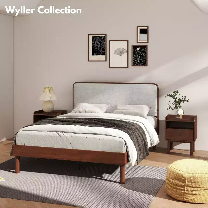 Ensemble de chambre à coucher de 2 pièces, lit plateforme avec table de chevet, noyer naturel, Queen