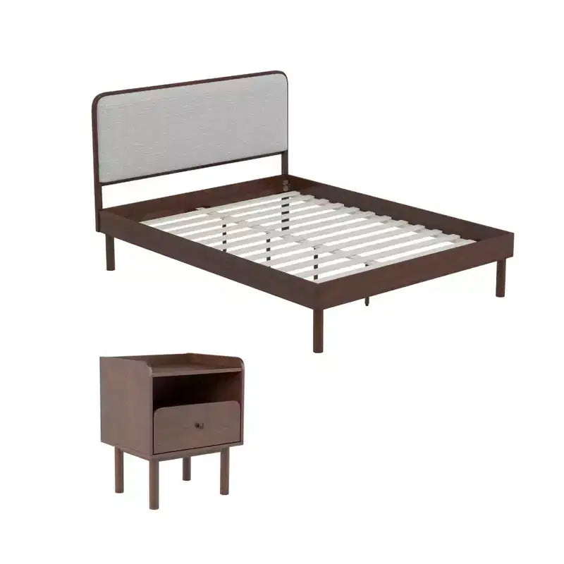 Ensemble de chambre à coucher de 2 pièces, lit plateforme avec table de chevet, noyer naturel, Queen