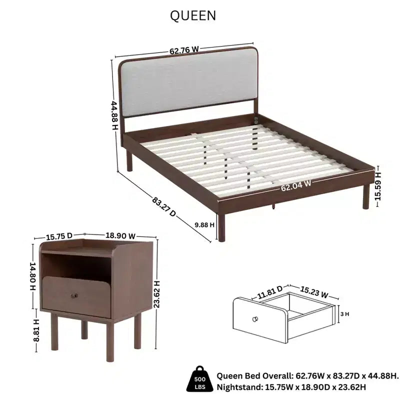 Ensemble de chambre à coucher de 2 pièces, lit plateforme avec table de chevet, noyer naturel, Queen