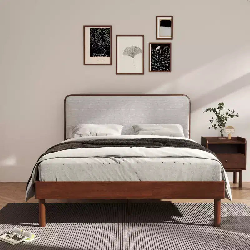 Ensemble de chambre à coucher de 2 pièces, lit plateforme avec table de chevet, noyer naturel, Queen