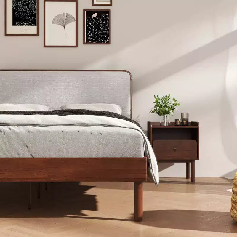 Ensemble de chambre à coucher de 2 pièces, lit plateforme avec table de chevet, noyer naturel, Queen