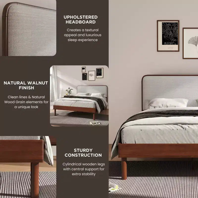 Ensemble de chambre à coucher de 2 pièces, lit plateforme avec table de chevet, noyer naturel, Queen