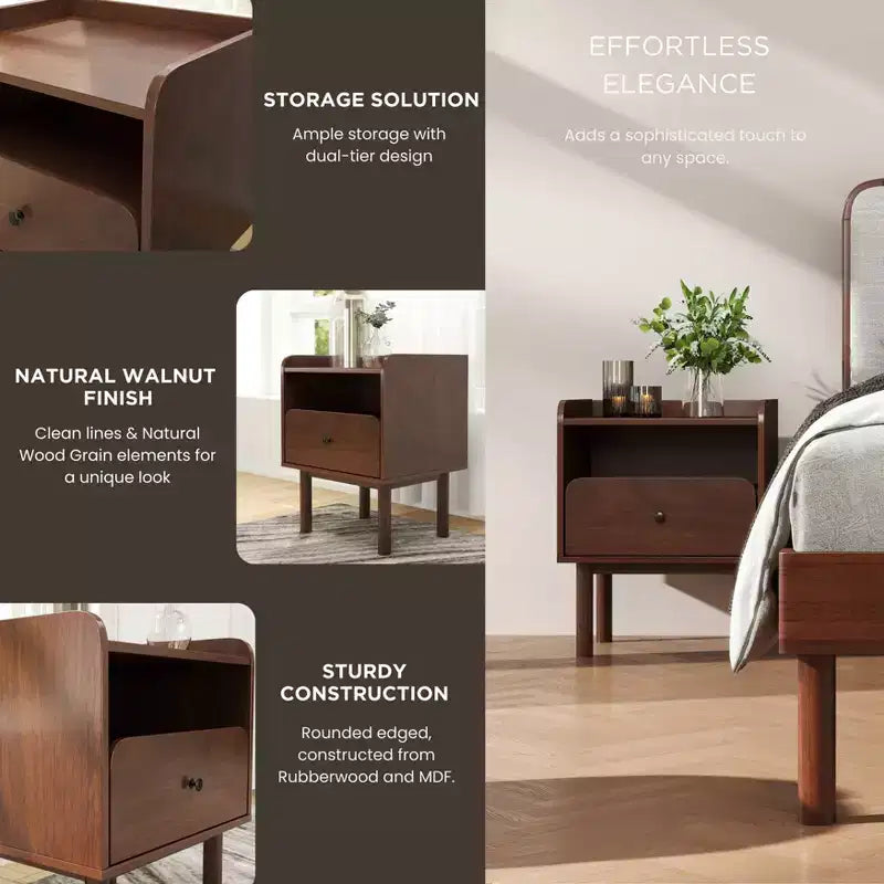 Ensemble de chambre à coucher de 2 pièces, lit plateforme avec table de chevet, noyer naturel, Queen