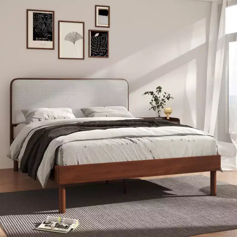 Ensemble de chambre à coucher de 2 pièces, lit plateforme avec table de chevet, noyer naturel, Queen