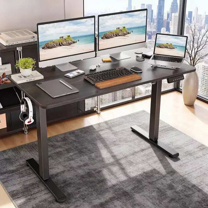 Elektrischer Stehschreibtisch in Walnussoptik, 48x24 - für das Homeoffice, mit geteilter Tischplatte und höhenverstellbar