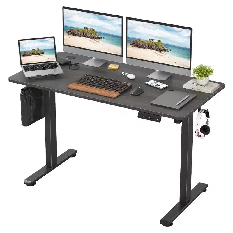 Elektrischer Stehschreibtisch in Walnussoptik, 48x24 - für das Homeoffice, mit geteilter Tischplatte und höhenverstellbar