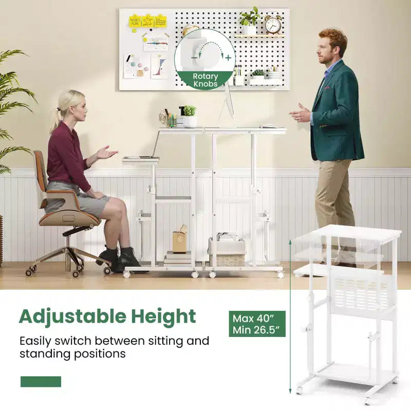Bureau assis-debout réglable avec repose-pieds, panneau en maille et roulettes verrouillables, pour bureau à domicile