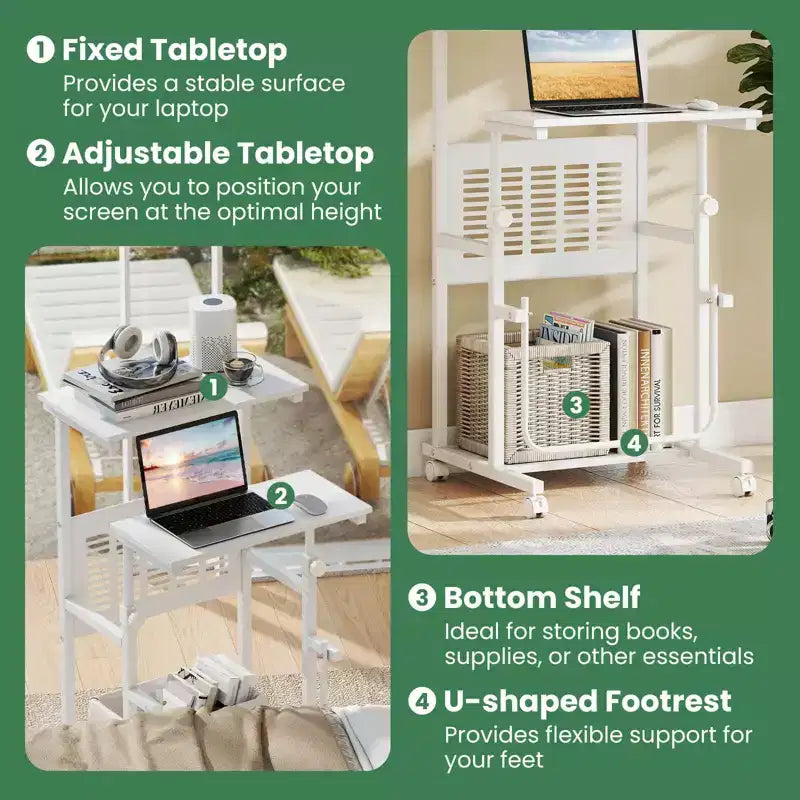 Bureau assis-debout réglable avec repose-pieds, panneau en maille et roulettes verrouillables, pour bureau à domicile