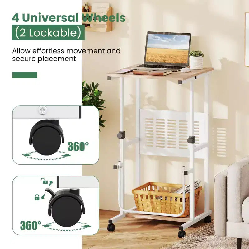 Bureau assis-debout réglable avec repose-pieds, panneau en maille et roulettes verrouillables, pour bureau à domicile