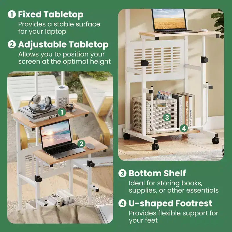 Bureau assis-debout réglable avec repose-pieds, panneau en maille et roulettes verrouillables, pour bureau à domicile