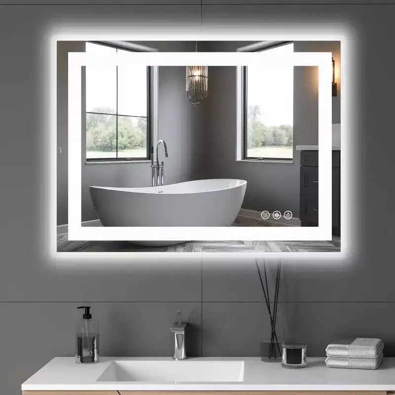 Espejo inteligente para baño de 28x36 pulgadas, espejo de tocador con marco de aluminio y desempañador, blanco