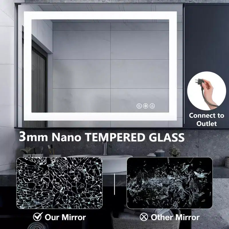 Espejo inteligente para baño de 28x36 pulgadas, espejo de tocador con marco de aluminio y desempañador, blanco