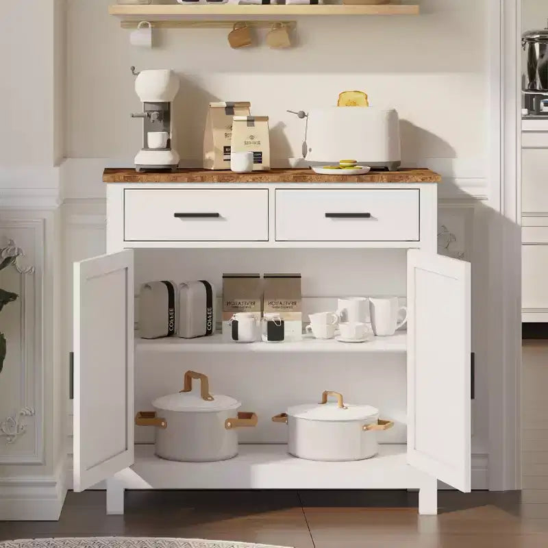 Meuble de rangement de cuisine blanc, buffet moderne de style ferme avec rangement, bar à café avec 2 tiroirs et 2 portes