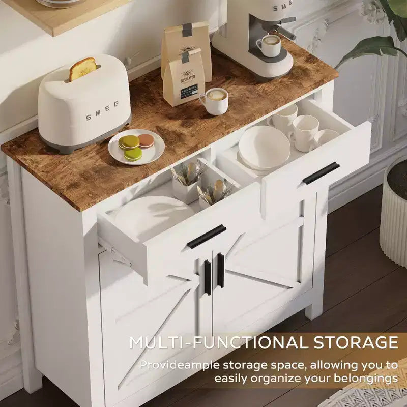 Meuble de rangement de cuisine blanc, buffet moderne de style ferme avec rangement, bar à café avec 2 tiroirs et 2 portes