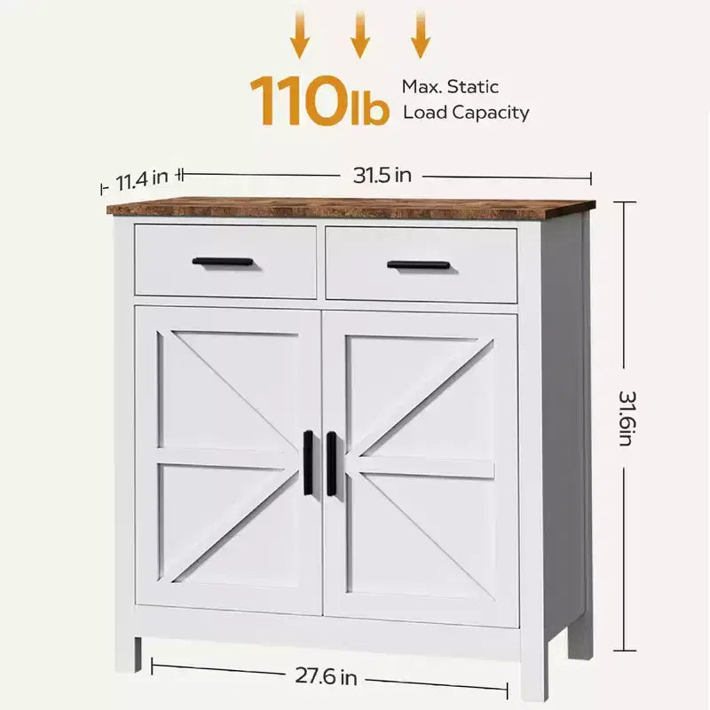 Meuble de rangement de cuisine blanc, buffet moderne de style ferme avec rangement, bar à café avec 2 tiroirs et 2 portes