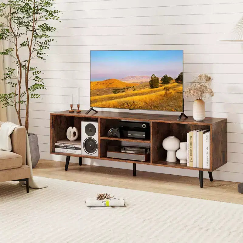 Konsolenschrank, 47.5, für 55-Inch-Fernseher, mit Ablagefächern, robusten Metallbeinen, Weiß/Braun