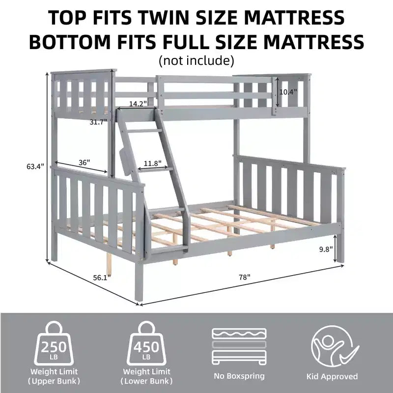 Lit superposé pour enfants, couchage supérieur simple et inférieur double, cadre en bois avec garde-corps haut et échelle, sans sommier requis, gris