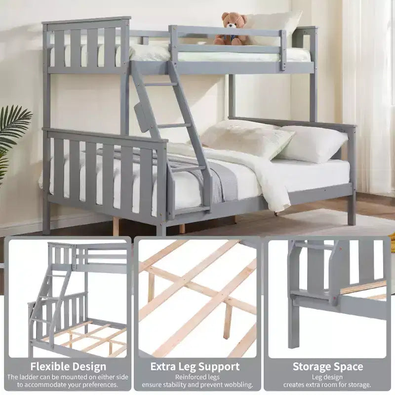 Lit superposé pour enfants, couchage supérieur simple et inférieur double, cadre en bois avec garde-corps haut et échelle, sans sommier requis, gris