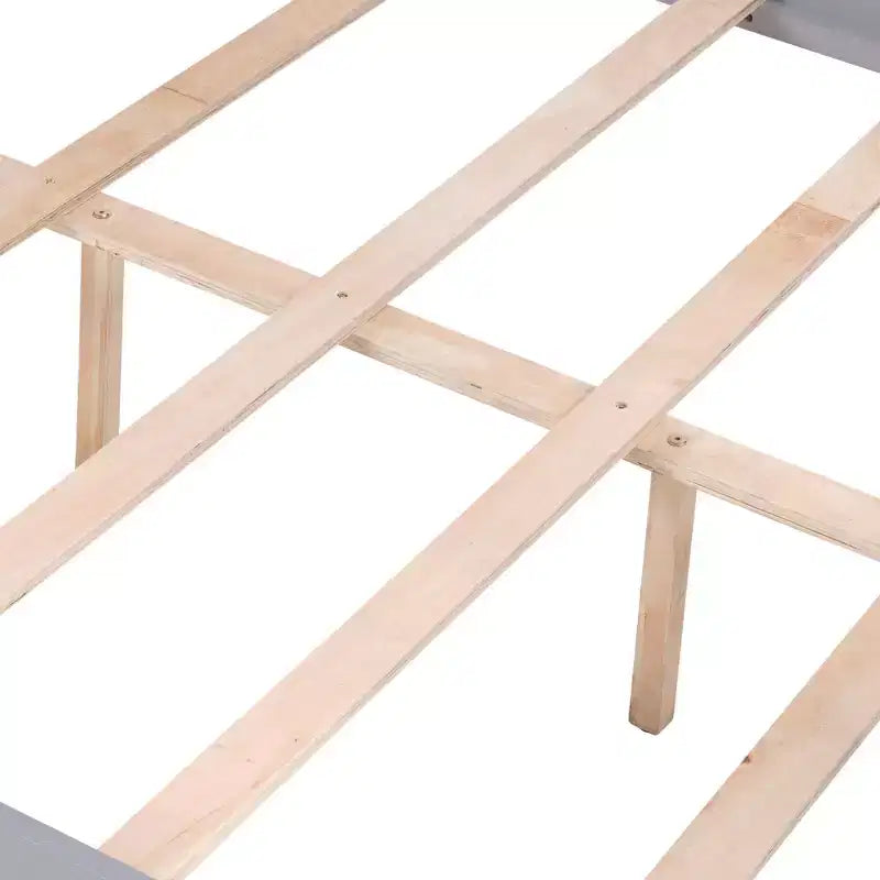 Etagenbett für Kinder mit Einzelbett oben und Doppelbett unten, Holzbettrahmen mit hohem Rausfallschutz und Leiter, kein Lattenrost erforderlich, Grau