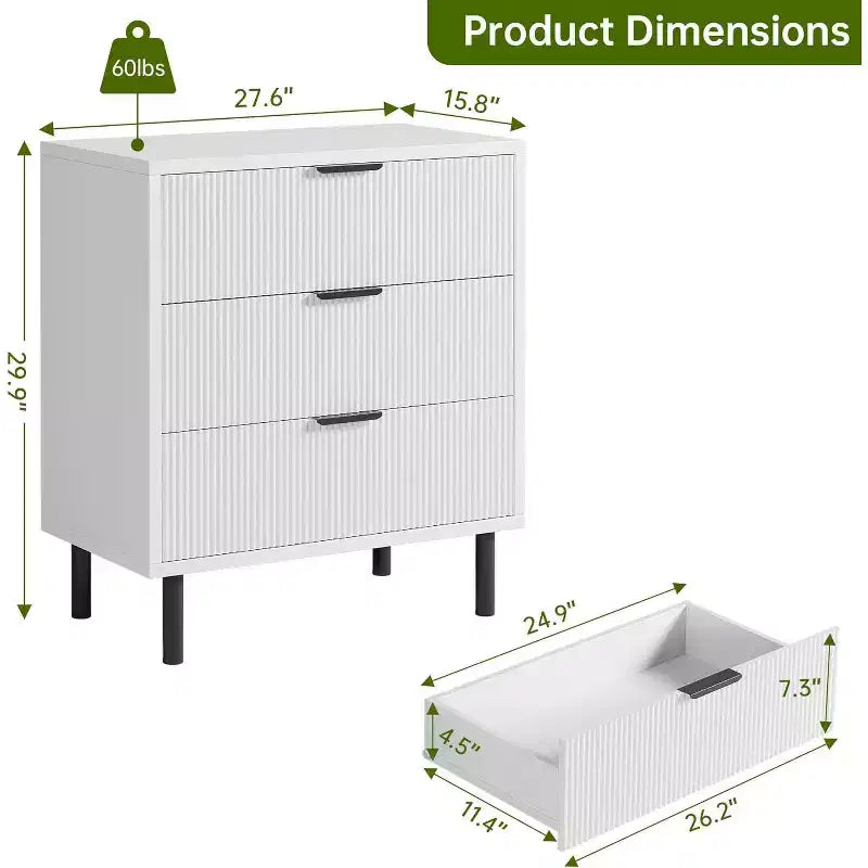 Commode moderne avec pieds en métal, commode à 3 tiroirs, table de chevet en bois avec rangement et dispositif anti-basculement, pour la chambre ou le salon, blanc