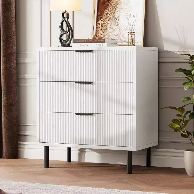 Moderne Kommode mit Metallbeinen, Kommode mit 3 Schubladen, Nachttisch aus Holz mit Stauraum und Kippsicherung, fürs Schlafzimmer und Wohnzimmer, Weiß