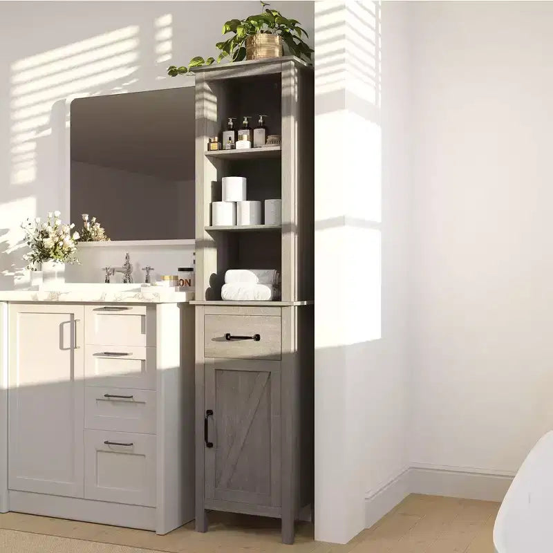Armoire de rangement haute et étroite pour salle de bains, armoire mince autoportante pour petits espaces, armoires de rangement modernes pour salle de bains avec étagères et tiroir