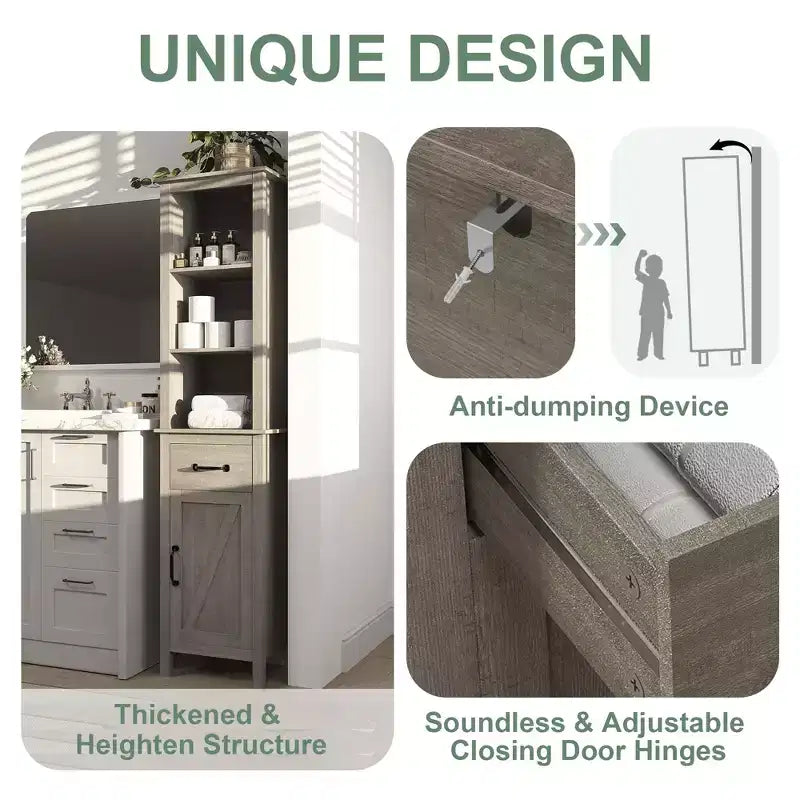 Armoire de rangement haute et étroite pour salle de bains, armoire mince autoportante pour petits espaces, armoires de rangement modernes pour salle de bains avec étagères et tiroir