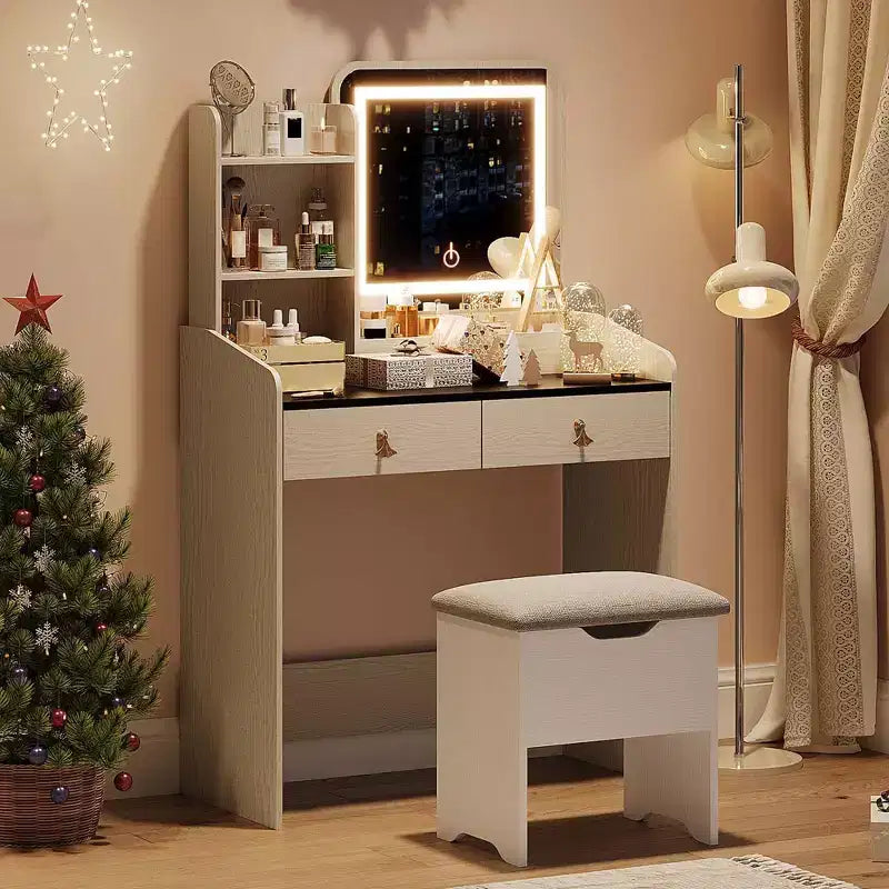 Tocador con espejo, estación y taburete - Juego de maquillaje con 2 cajones para niñas y mujeres
