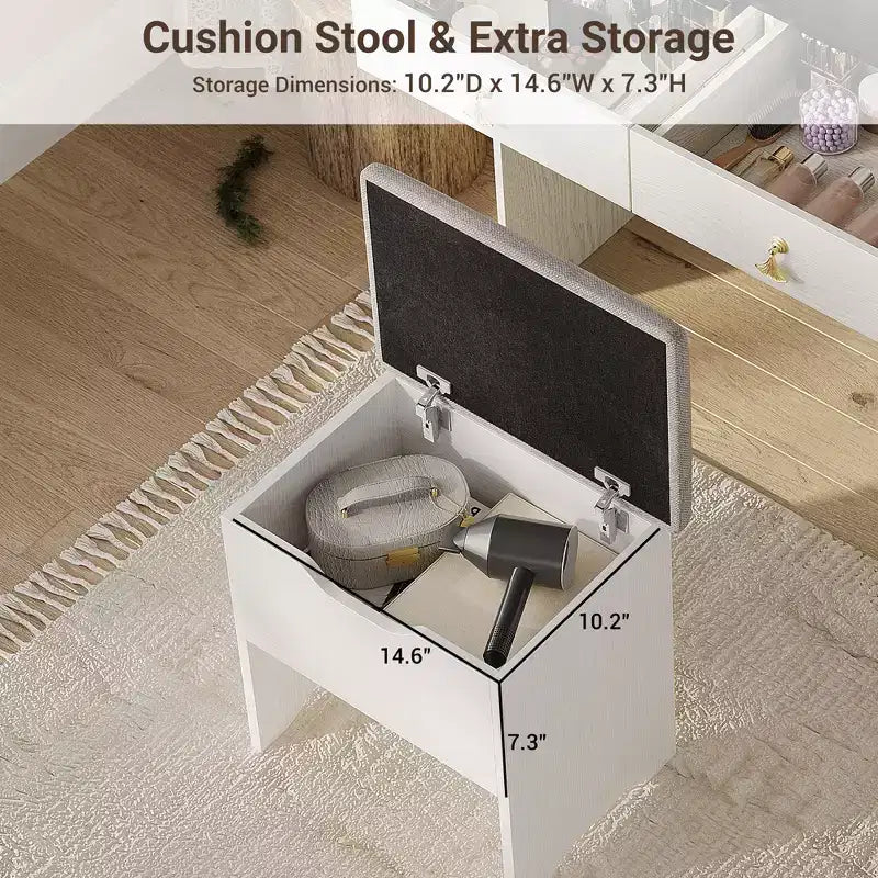 Tocador con espejo, estación y taburete - Juego de maquillaje con 2 cajones para niñas y mujeres