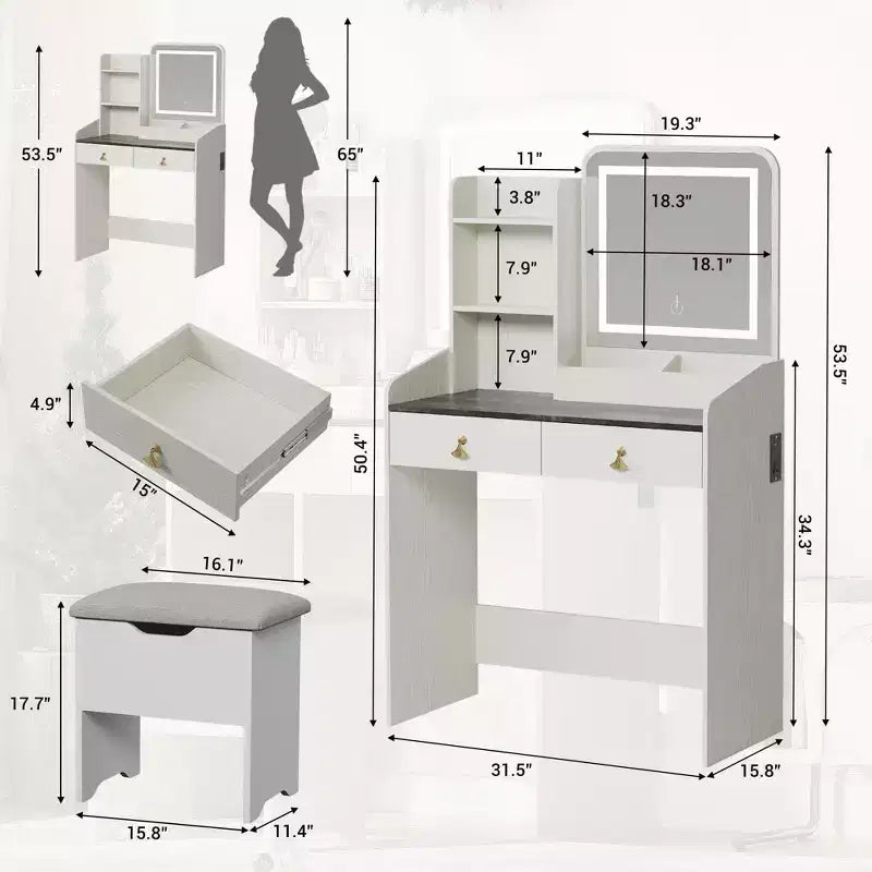 Tocador con espejo, estación y taburete - Juego de maquillaje con 2 cajones para niñas y mujeres