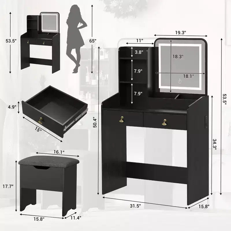 Tocador con espejo, estación y taburete - Juego de maquillaje con 2 cajones para niñas y mujeres
