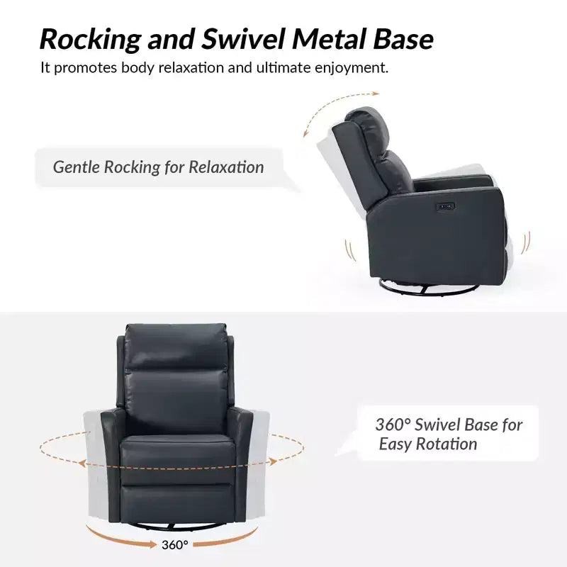 Sillón reclinable eléctrico de cuero auténtico, estilo transicional, con puertos USB - AZUL MARINO