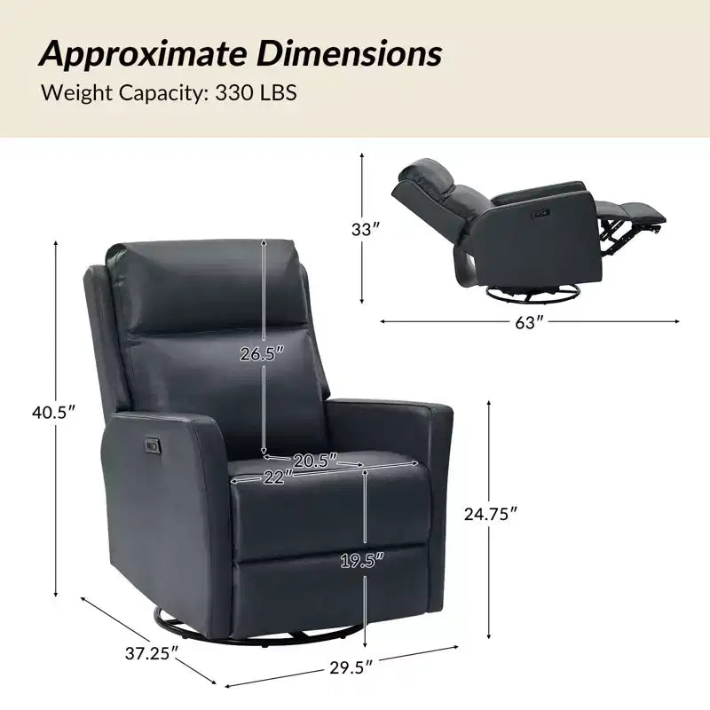 Sillón reclinable eléctrico de cuero auténtico, estilo transicional, con puertos USB - AZUL MARINO