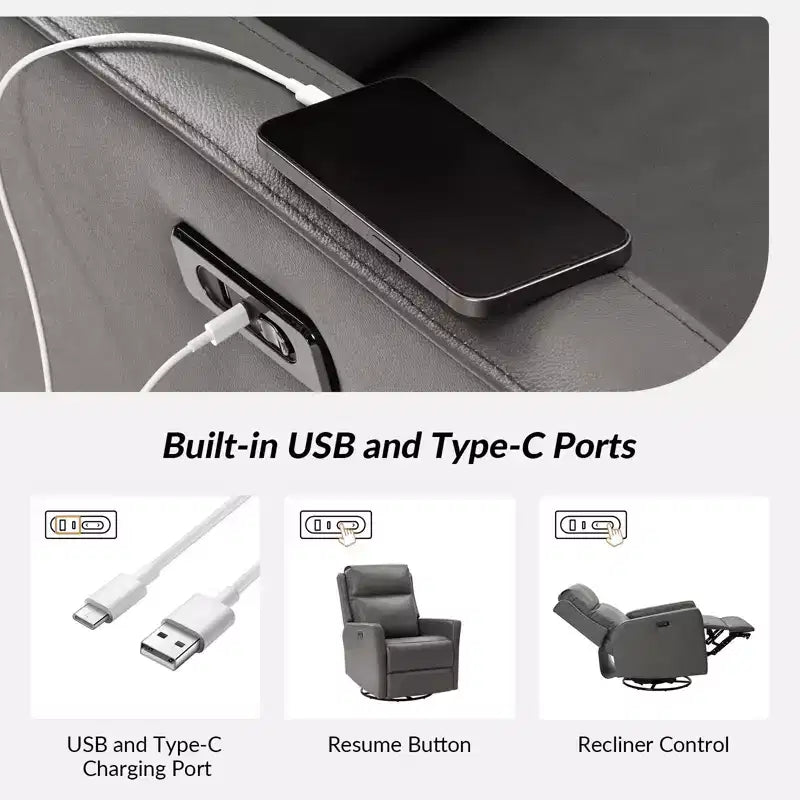 Sillón reclinable eléctrico de cuero auténtico, estilo transicional, con puertos USB, juego de 2 - GRIS