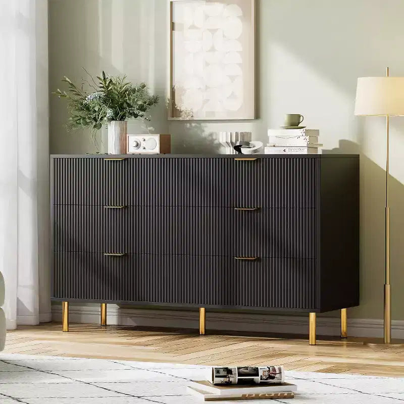 Cómoda de 6 cajones para dormitorio, organizador de almacenamiento moderno de madera, con tiradores metálicos dorados y dispositivo antivuelco, para sala de estar