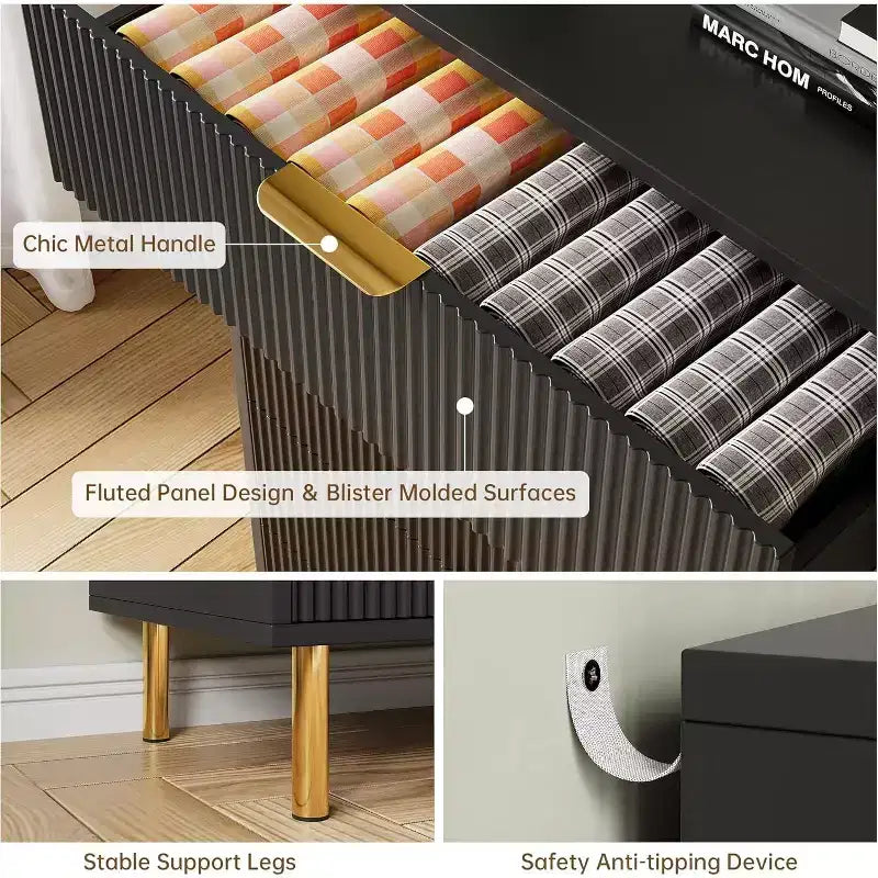 Cómoda de 6 cajones para dormitorio, organizador de almacenamiento moderno de madera, con tiradores metálicos dorados y dispositivo antivuelco, para sala de estar
