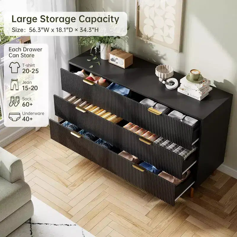 Cómoda de 6 cajones para dormitorio, organizador de almacenamiento moderno de madera, con tiradores metálicos dorados y dispositivo antivuelco, para sala de estar