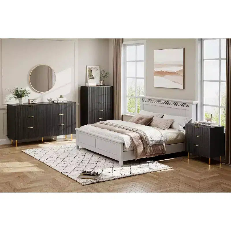 Cómoda de 6 cajones para dormitorio, organizador de almacenamiento moderno de madera, con tiradores metálicos dorados y dispositivo antivuelco, para sala de estar