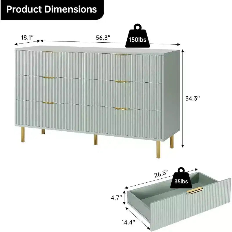 Cómoda de 6 cajones para dormitorio, organizador de almacenamiento moderno de madera, con tiradores metálicos dorados y dispositivo antivuelco, para sala de estar