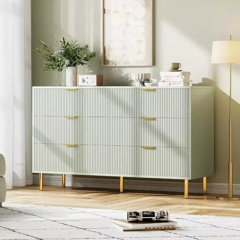 Cómoda de 6 cajones para dormitorio, organizador de almacenamiento moderno de madera, con tiradores metálicos dorados y dispositivo antivuelco, para sala de estar