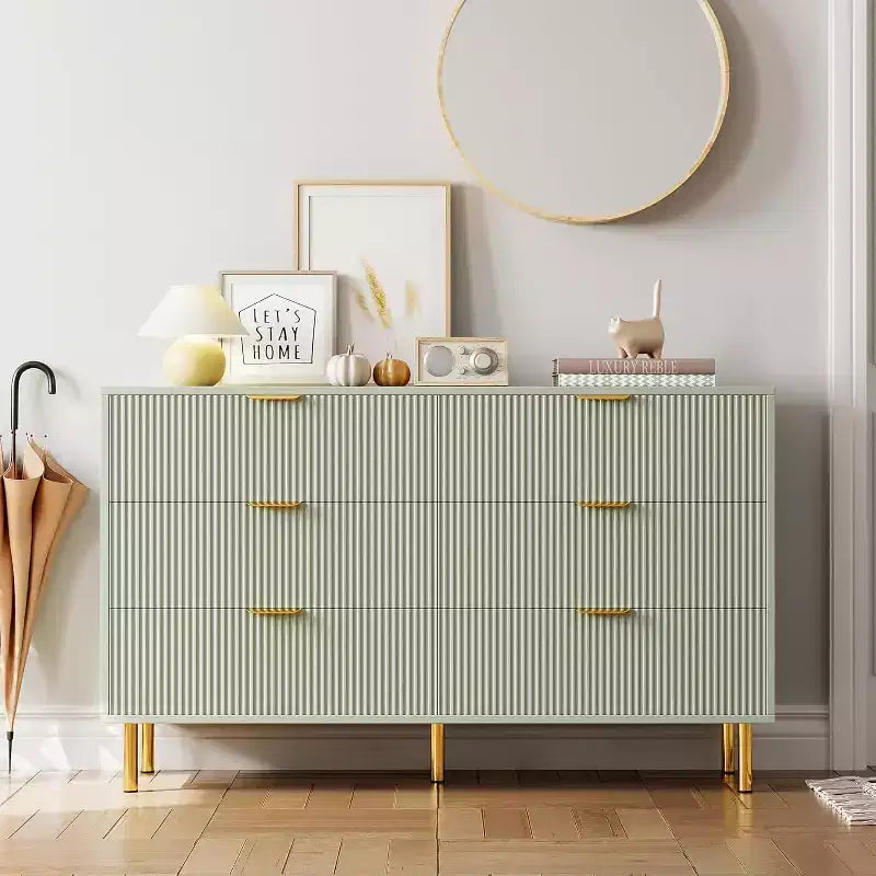 Cómoda de 6 cajones para dormitorio, organizador de almacenamiento moderno de madera, con tiradores metálicos dorados y dispositivo antivuelco, para sala de estar