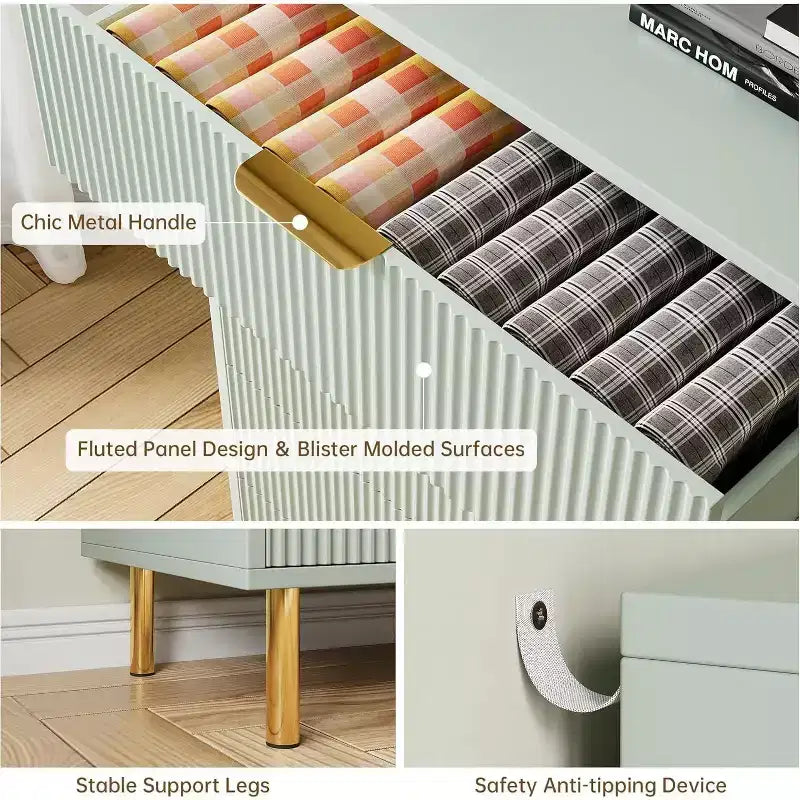 Cómoda de 6 cajones para dormitorio, organizador de almacenamiento moderno de madera, con tiradores metálicos dorados y dispositivo antivuelco, para sala de estar