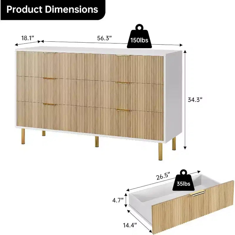 Commode à 6 tiroirs pour chambre, commode de rangement moderne en bois avec poignées en métal doré et dispositif anti-basculement, pour le salon