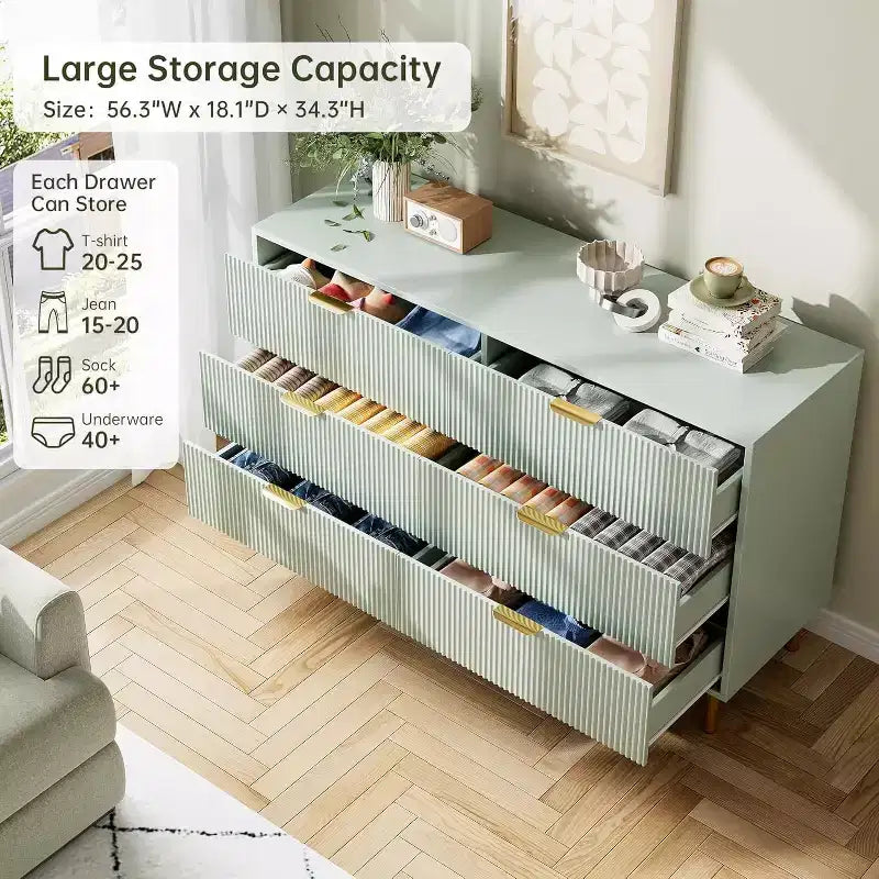 Cómoda de 6 cajones para dormitorio, organizador de almacenamiento moderno de madera, con tiradores metálicos dorados y dispositivo antivuelco, para sala de estar
