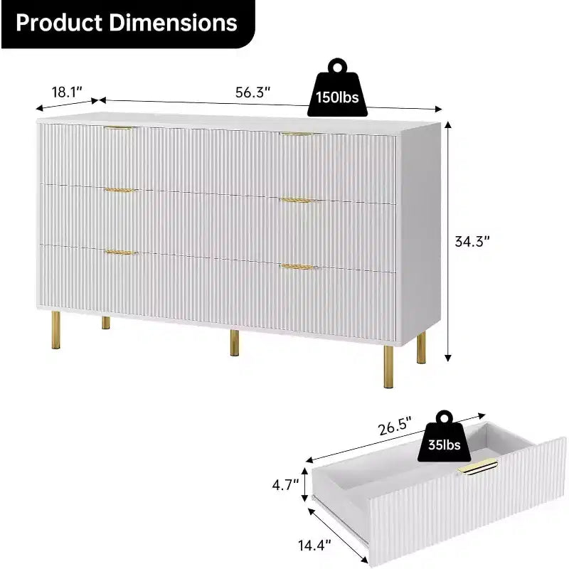 Cómoda de 6 cajones para dormitorio, organizador de almacenamiento moderno de madera, con tiradores metálicos dorados y dispositivo antivuelco, para sala de estar