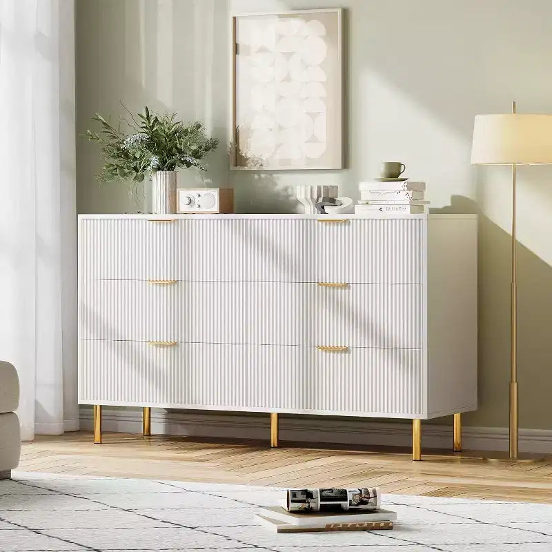 Cómoda de 6 cajones para dormitorio, organizador de almacenamiento moderno de madera, con tiradores metálicos dorados y dispositivo antivuelco, para sala de estar
