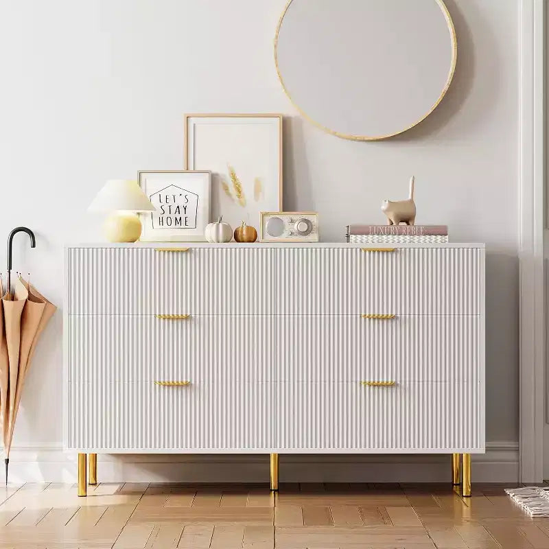Cómoda de 6 cajones para dormitorio, organizador de almacenamiento moderno de madera, con tiradores metálicos dorados y dispositivo antivuelco, para sala de estar