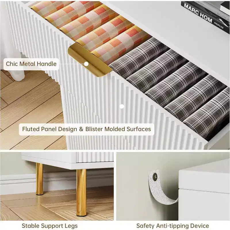 Cómoda de 6 cajones para dormitorio, organizador de almacenamiento moderno de madera, con tiradores metálicos dorados y dispositivo antivuelco, para sala de estar