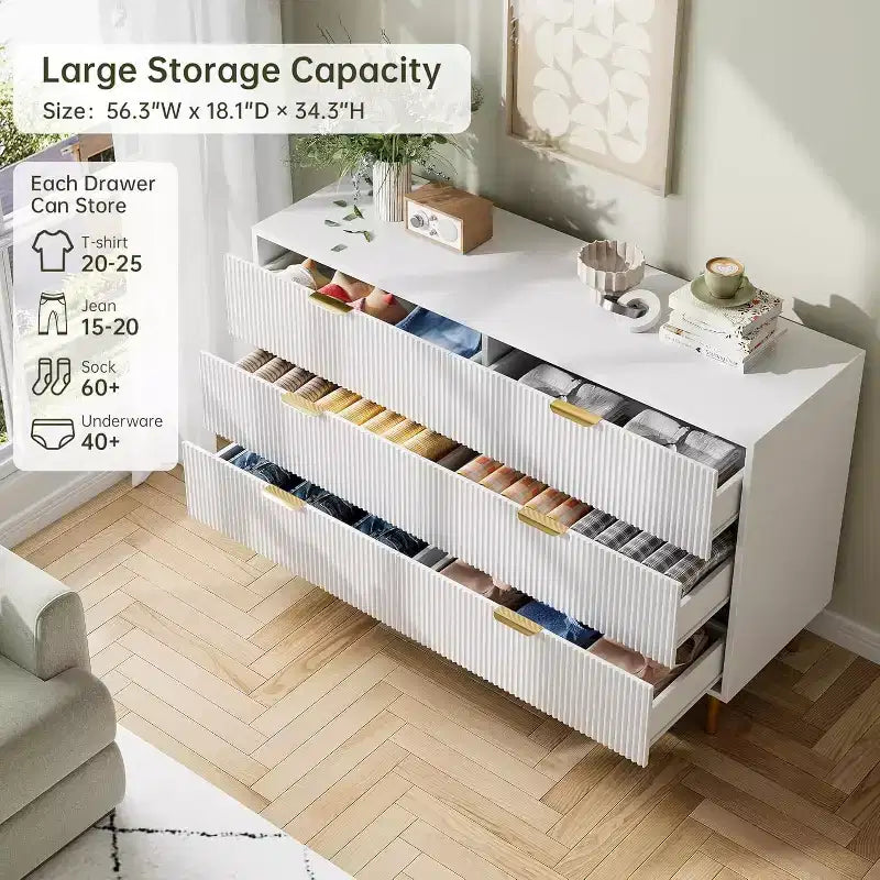 Cómoda de 6 cajones para dormitorio, organizador de almacenamiento moderno de madera, con tiradores metálicos dorados y dispositivo antivuelco, para sala de estar