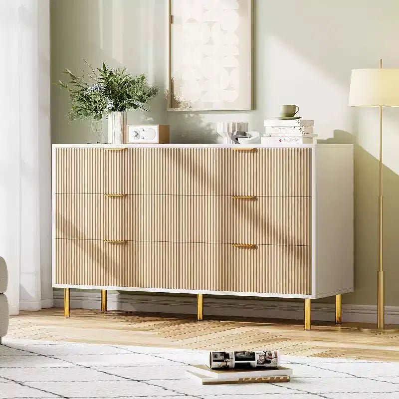 Commode à 6 tiroirs pour chambre, commode de rangement moderne en bois avec poignées en métal doré et dispositif anti-basculement, pour le salon